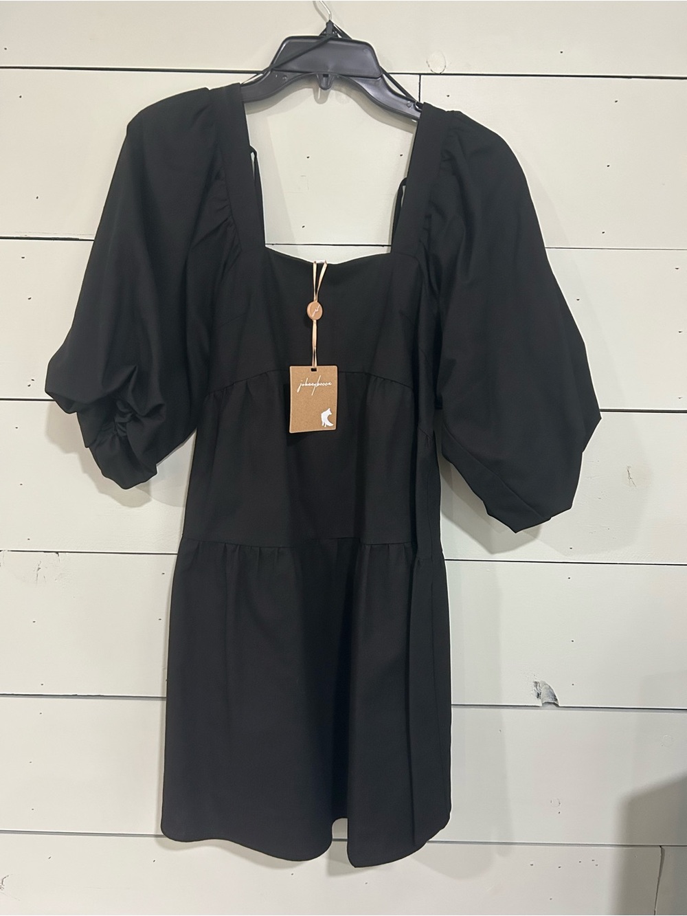 Square Neck Puff Sleeve Mini Dress in Black